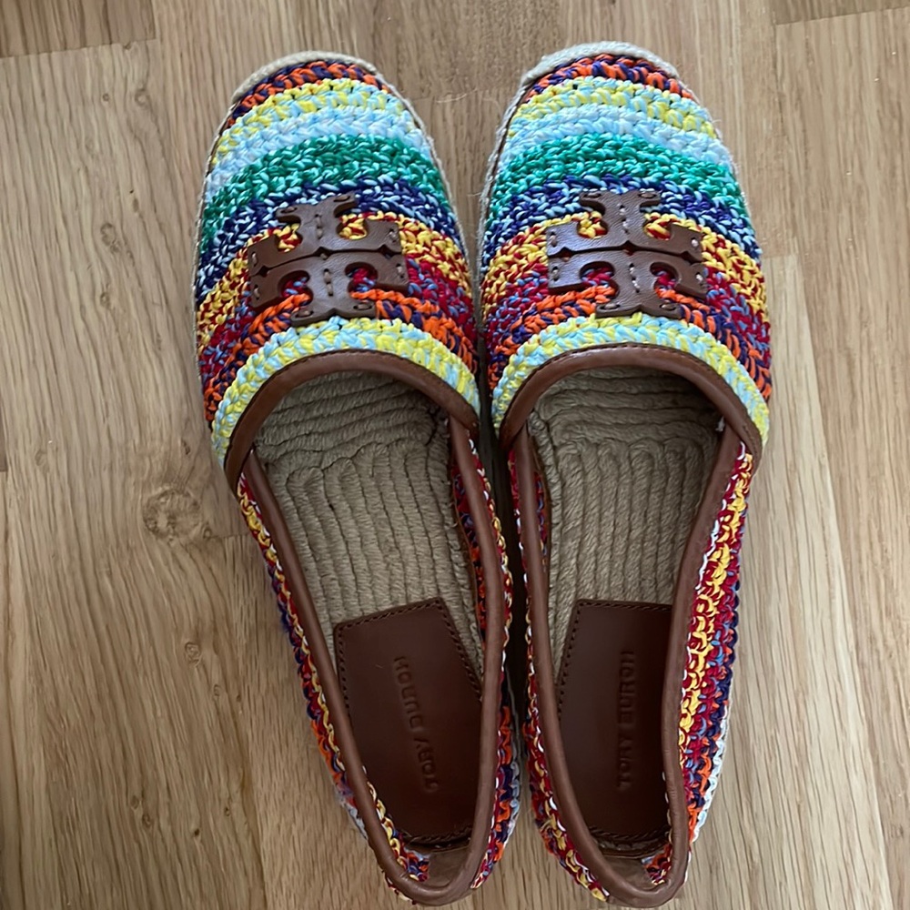 Tory Burch Rainbow Woven Espadrille Flats with Brown Leather Trim